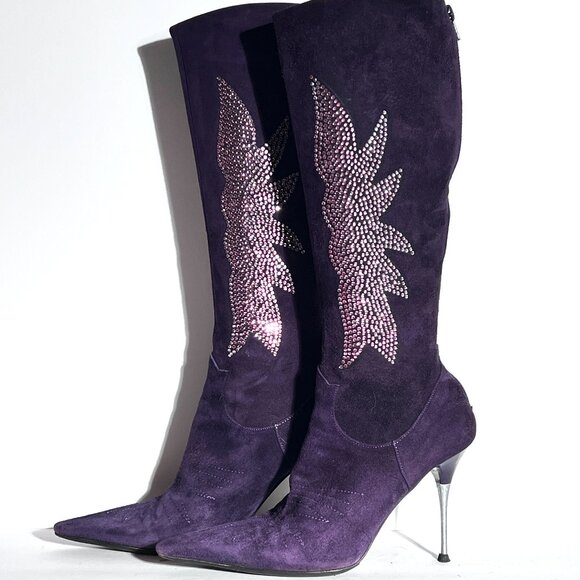 Charles David Purple Suede Pink Swarovski Western Cowboy High Heel Boot Sz 8.5 - Picture 1 of 14